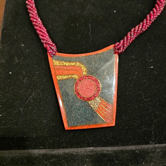 Vintage Lee Sands Mosaic Shell Necklace 1980s Retro Red Necklace - Picture 1 of 4